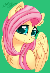 Size: 2552x3707 | Tagged: safe, artist:gleamydreams, character:fluttershy, species:pegasus, species:pony, bust, chest fluff, cute, ear fluff, female, green background, high res, looking at you, mare, shyabetes, simple background, solo