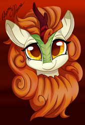 Size: 2647x3887 | Tagged: safe, artist:gleamydreams, character:autumn blaze, species:kirin, g4, awwtumn blaze, bust, chest fluff, colored pupils, cute, eyebrows, female, full face view, gradient background, looking at you, mare, portrait, signature, smiling, smiling at you, solo