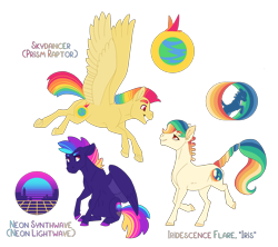 Size: 3311x2944 | Tagged: safe, artist:jackiebloom, oc, oc only, oc:iridescence flare, oc:neon synthwave, oc:skydancer, parent:rainbow dash, parent:spitfire, parents:spitdash, species:earth pony, species:pegasus, species:pony, braided tail, button braids, colored hooves, cutie mark, female, magical lesbian spawn, mare, multicolored hair, nonbinary, offspring, rainbow hair, simple background, synthwave, transparent background