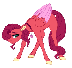 Size: 661x626 | Tagged: safe, artist:saphi-boo, oc, oc:maraschino ambrosia apple, parent:big macintosh, parent:fluttershy, parents:fluttermac, species:pegasus, species:pony, colored hooves, colored wings, colored wingtips, female, floppy ears, freckles, hair over one eye, jewelry, lidded eyes, looking away, mare, necklace, offspring, shy, solo