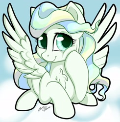 Size: 2006x2048 | Tagged: safe, artist:gleamydreams, character:vapor trail, species:pegasus, species:pony, g4, chest fluff, cloud, cute, female, high res, mare, sky, solo, spread wings, vaporbetes, wings