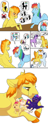 Size: 1500x4000 | Tagged: safe, artist:jackiebloom, character:rainbow dash, character:soarin', character:spitfire, character:twilight sparkle, character:twilight sparkle (alicorn), oc, oc:iridescence flare, oc:neon synthwave, oc:skydancer, parent:rainbow dash, parent:spitfire, parents:spitdash, species:alicorn, species:earth pony, species:pegasus, species:pony, baby, baby pony, colored hooves, crying, description is relevant, female, flying, foal, magical lesbian spawn, mare, multicolored hair, offspring, pictogram, pregnant, rainbow hair, simple background, tears of joy, transparent background, triplets