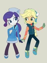 Size: 2448x3264 | Tagged: safe, artist:haibaratomoe, character:applejack, character:rarity, ship:rarijack, my little pony:equestria girls, clothing, coat, female, gray background, hat, lesbian, shipping, simple background