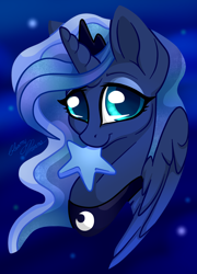 Size: 2550x3537 | Tagged: safe, artist:gleamydreams, character:princess luna, species:alicorn, species:pony, bust, female, jewelry, looking at you, mare, mouth hold, necklace, peytral, portrait, smiling, solo, three quarter view, tiara, wings