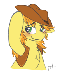 Size: 2750x3250 | Tagged: safe, artist:fakskis, character:braeburn, species:earth pony, species:pony, g4, 45 minute art challenge, blushing, braebetes, bust, chest fluff, clothing, colored sketch, cowboy hat, cute, eyebrows, eyebrows visible through hair, floppy ears, hat, high res, male, simple background, sketch, solo, stallion, tip, vest, white background