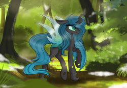 Size: 5787x3996 | Tagged: safe, artist:janelearts, character:queen chrysalis, species:changeling, absurd resolution, changeling queen, cute, cute little fangs, cutealis, eye clipping through hair, fangs, female, forest, outdoors, sharp teeth, smiling, smirk, solo, teeth, tree