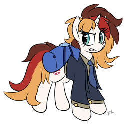 Size: 3250x3250 | Tagged: safe, artist:fakskis, oc, oc only, oc:scarlet serenade, species:pony, species:unicorn, bag, clothing, cufflinks, female, full body, mare, payday 2, solo, suit