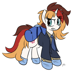 Size: 3250x3250 | Tagged: safe, alternate version, artist:fakskis, oc, oc only, oc:scarlet serenade, species:pony, species:unicorn, bag, clothing, coronavirus, covid-19, cufflinks, female, full body, gloves, hoof gloves, horn, mare, necktie, payday 2, rubber gloves, simple background, solo, suit, unicorn oc, white background