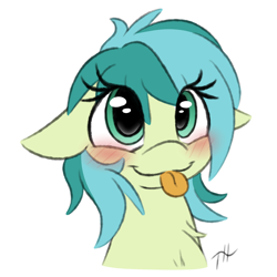Size: 3250x3250 | Tagged: safe, artist:fakskis, character:sandbar, species:earth pony, species:pony, 30 minute art challenge, blushing, bust, chest fluff, colored sketch, cute, eye clipping through hair, female, filly, floppy ears, hnnng, portrait, rule 63, rule63betes, sandabetes, sandbank, sketch, solo, tongue out