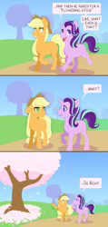 Size: 2000x4200 | Tagged: safe, artist:jackiebloom, character:applejack, character:starlight glimmer, species:earth pony, species:pony, species:unicorn, episode:student counsel, cherry tree, comic, dialogue, duo, female, flower, fridge logic, mare, speech bubble, tree