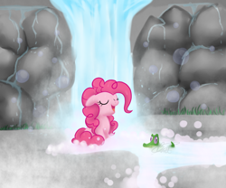Size: 900x750 | Tagged: safe, artist:maplesunrise, character:gummy, character:pinkie pie, species:earth pony, species:pony, female, floppy ears, mare, open mouth, sitting, smiling, water, waterfall