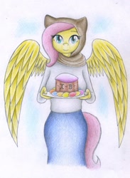 Size: 1504x2055 | Tagged: safe, artist:sinaherib, character:fluttershy, species:anthro, clothing, easter, female, holiday, shirt, skirt, solo, traditional art