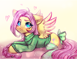 Size: 2600x2000 | Tagged: safe, artist:zefirka, character:fluttershy, species:pegasus, species:pony, alternate hairstyle, bow, braid, clothing, cute, digital art, female, heart, looking at you, mare, prone, shyabetes, smiling, socks, solo, spread wings, striped socks, sweater, sweatershy, tail bow, wings