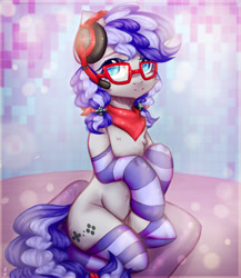 Size: 2000x2300 | Tagged: safe, artist:zefirka, oc, oc only, oc:cinnabyte, species:earth pony, species:pony, adorkable, bandana, clothing, commission, cute, dork, female, glasses, headset, kneeling, mare, semi-anthro, smiling, socks, solo, striped socks, your character here