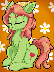Size: 2551x3402 | Tagged: safe, artist:gleamydreams, character:tree hugger, species:earth pony, species:pony, g4, abstract background, bandana, chest fluff, cute, eyebrows, eyes closed, female, flower, high res, huggerbetes, mare, signature, sitting, solo, three quarter view