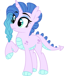 Size: 723x853 | Tagged: safe, artist:saphi-boo, base used, oc, oc only, oc:blue belle, parent:rarity, parent:spike, parents:sparity, species:dracony, species:pony, species:unicorn, claw hooves, dragon tail, ear fins, female, hybrid, interspecies offspring, mare, offspring, raised hoof, scales, simple background, white background