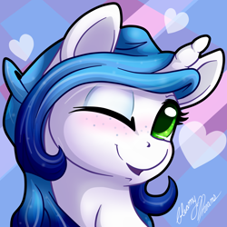 Size: 2720x2721 | Tagged: safe, artist:gleamydreams, oc, oc only, oc:gleamy, species:pony, species:unicorn, blushing, female, freckles, mare, one eye closed, smiling, smiling at you, wink, winking at you