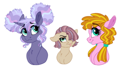 Size: 1150x651 | Tagged: safe, artist:saphi-boo, oc, oc only, oc:maci, parent:cheese sandwich, parent:maud pie, parent:mudbriar, parent:pinkie pie, parents:cheesepie, parents:maudbriar, species:earth pony, species:pony, species:unicorn, braces, brother and sister, bust, cousins, female, hair over one eye, hair puffs, male, offspring, pigtails, siblings, tongue out, twintails