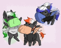 Size: 2500x2000 | Tagged: safe, artist:dreamy, artist:littledreamycat, oc, oc:flame, oc:frost, oc:toxic, species:bat pony, species:pony, bat pony oc, bat wings, chibi, commission, doodle, mouth hold, pillow, pillow fight, siblings, wings