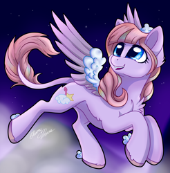 Size: 2164x2202 | Tagged: safe, artist:gleamydreams, oc, oc only, oc:powder floof, species:pegasus, species:pony, blue eyes, chest fluff, cloud, female, mare, mountain, solo, stars