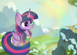 Size: 5787x4092 | Tagged: safe, artist:janelearts, character:twilight sparkle, character:twilight sparkle (alicorn), species:alicorn, species:pony, butterfly, butterfly on nose, commission, cute, ear fluff, female, insect on nose, mare, smiling, snow, solo, twiabetes, winter wrap up vest