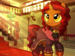 Size: 800x600 | Tagged: safe, artist:rangelost, oc, oc only, oc:brass bolts, species:pony, species:unicorn, alternate hairstyle, boots, bracelet, clothing, colored, crepuscular rays, curly mane, daybreak island, detailed background, dress, female, jewelry, mansion, mare, necklace, pixel art, shoes, solo, stairs