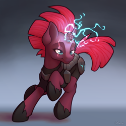 Size: 4000x4000 | Tagged: safe, artist:ohemo, character:tempest shadow, species:pony, species:unicorn, my little pony: the movie (2017), absurd resolution, action pose, armor, broken horn, electricity, eye scar, female, glowing horn, gradient background, horn, looking at you, magic, mare, raised hoof, scar, solo, three quarter view