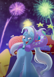 Size: 900x1273 | Tagged: safe, artist:littlehybridshila, character:trixie, species:pony, species:unicorn, episode:boast busters, g4, my little pony: friendship is magic, female, fireworks, mare, night, open mouth, solo, stage