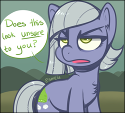 Size: 600x543 | Tagged: safe, artist:esmeia, character:limestone pie, species:earth pony, species:pony, dialogue, does this look unsure to you?, ear fluff, female, just one bite, lidded eyes, limestone is not amused, mare, solo, spongebob squarepants