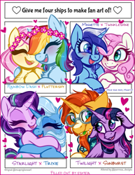 Size: 525x680 | Tagged: safe, artist:esmeia, character:fluttershy, character:minuette, character:rainbow dash, character:starlight glimmer, character:sunburst, character:trixie, character:twilight sparkle, character:twilight sparkle (alicorn), character:twinkleshine, species:alicorn, species:pegasus, species:pony, species:unicorn, ship:flutterdash, ship:startrix, ship:twiburst, ship:twinklette, blushing, chest fluff, female, floppy ears, floral head wreath, flower, four ships fanart, heart, lesbian, male, shipping, straight, text