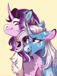 Size: 768x1024 | Tagged: safe, artist:wanderingpegasus, character:starlight glimmer, character:trixie, species:pony, species:unicorn, ship:startrix, cheek fluff, chest fluff, curved horn, dappled, ear fluff, female, freckles, horn, lesbian, mare, markings, shipping, simple background, smiling