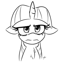 Size: 3250x3250 | Tagged: safe, artist:fakskis, character:twilight sparkle, species:pony, 30 minute art challenge, bags under eyes, bust, chest fluff, female, floppy ears, frown, grumpy, grumpy twilight, horn, looking at you, mare, monochrome, portrait, simple background, solo, twilight is not amused, unamused, white background