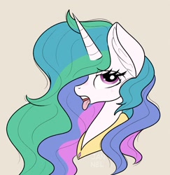 Size: 1715x1766 | Tagged: safe, artist:janelearts, character:princess celestia, species:alicorn, species:pony, blushing, bust, female, mare, open mouth, portrait, simple background, solo, tongue out