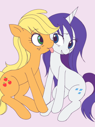 Size: 2448x3264 | Tagged: safe, artist:haibaratomoe, character:applejack, character:rarity, species:earth pony, species:pony, species:unicorn, ship:rarijack, face licking, female, lesbian, licking, shipping, tongue out