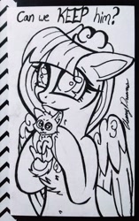 Size: 2116x3366 | Tagged: safe, artist:gleamydreams, oc, oc only, oc:powder floof, species:pegasus, species:pony, black and white, clothing, female, grayscale, hat, ink drawing, kitten, mare, monochrome, pegasus oc, traditional art, wings
