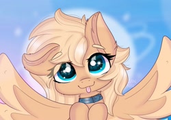 Size: 2560x1795 | Tagged: safe, artist:janelearts, oc, oc only, oc:mirta whoowlms, species:pegasus, species:pony, bust, collar, cute, ear fluff, female, looking at you, mare, ocbetes, solo, tongue out, wings
