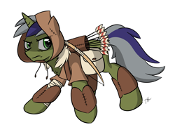 Size: 4000x3000 | Tagged: safe, artist:fakskis, oc, oc only, species:pony, species:unicorn, absurd resolution, arrow, arrows, bandage, bow (weapon), bow and arrow, chest fluff, clothing, commission, hood, horn, male, no nostrils, quiver, signature, simple background, solo, stallion, weapon, white background