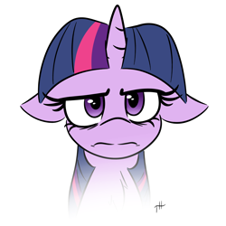 Size: 3250x3250 | Tagged: safe, artist:fakskis, character:twilight sparkle, species:pony, species:unicorn, bags under eyes, bust, chest fluff, female, floppy ears, frown, grumpy, grumpy twilight, looking at you, mare, portrait, simple background, solo, twilight is not amused, unamused, white background