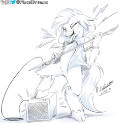 Size: 970x970 | Tagged: safe, artist:viejillox64art, character:silverstream, cute, diastreamies, ear piercing, electric guitar, female, flying v, guitar, musical instrument, one eye closed, piercing, rocker, solo, spiked wristband, tongue out, wink, wristband