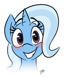 Size: 2500x3000 | Tagged: safe, artist:fakskis, character:trixie, species:pony, species:unicorn, blushing, bust, cute, diatrixes, female, full face view, grin, horn, looking at you, mare, raised eyebrow, simple background, smiling, solo, teeth, white background