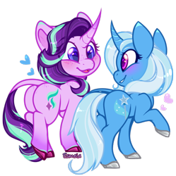 Size: 602x604 | Tagged: safe, artist:esmeia, character:starlight glimmer, character:trixie, species:pony, species:unicorn, ship:startrix, blushing, butt, butt freckles, curved horn, cute, diatrixes, eye contact, female, freckles, glimmerbetes, heart, horn, leonine tail, lesbian, looking at each other, mare, plot, shipping, shoulder freckles, simple background, smiling, transparent background