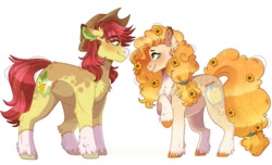 Size: 1145x698 | Tagged: safe, artist:wanderingpegasus, character:bright mac, character:pear butter, species:earth pony, species:pony, blushing, character design, chest fluff, clothing, cute couple, digital art, eye contact, female, flower, flower in hair, freckles, hat, headcanon, ibispaint x, looking at each other, male, mare, markings, pale belly, redesign, simple background, smiling, socks (coat marking), stallion, unshorn fetlocks, white background