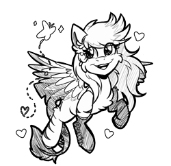 Size: 865x838 | Tagged: safe, artist:deraniel, oc, oc:silver hush, species:pony, black and white, chest fluff, ear fluff, fluffy, flying, grayscale, happy, monochrome, simple background, sketch, smiling, solo, transparent background