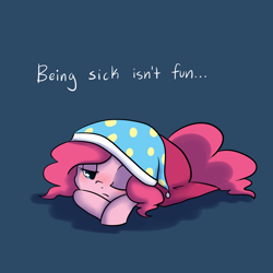 Size: 1000x1000 | Tagged: safe, artist:maplesunrise, character:pinkie pie, ask snuggle pie, blanket, blue background, blushing, clothing, cute, diapinkes, female, hat, nightcap, one eye closed, prone, sick, simple background, solo, truth