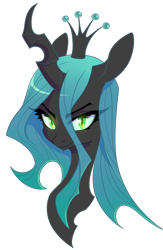 Size: 800x1227 | Tagged: dead source, safe, artist:lolopan, character:queen chrysalis, species:changeling, black background, bust, changeling queen, crown, female, jewelry, looking at you, portrait, regalia, simple background, solo, transparent background