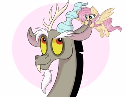 Size: 2560x1972 | Tagged: safe, artist:janelearts, character:discord, character:fluttershy, species:draconequus, species:pegasus, species:pony, biting, cute, cute little fangs, discute, ear bite, fangs, micro, nom, shyabetes
