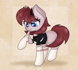 Size: 2405x2160 | Tagged: safe, artist:janelearts, oc, species:earth pony, species:pony, chibi, clothing, female, horns, mare, shirt, socks, solo