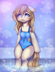 Size: 2000x2600 | Tagged: safe, artist:zefirka, oc, oc:creamy, species:earth pony, species:pony, blushing, breasts, clothing, commission, ear blush, female, mare, one-piece swimsuit, semi-anthro, solo, swimming pool, swimsuit, water, ych result