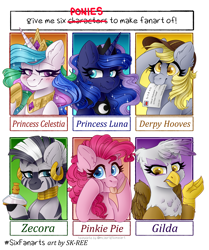 Size: 1920x2293 | Tagged: safe, artist:sk-ree, character:derpy hooves, character:gilda, character:pinkie pie, character:princess celestia, character:princess luna, character:zecora, species:griffon, species:pony, species:zebra, bedroom eyes, blep, blushing, bust, cheek squish, clothing, ear fluff, ear piercing, earring, ethereal mane, eyelashes, flashback potion, galaxy mane, hat, hoof hold, hoof shoes, jewelry, mouth hold, neck rings, peytral, piercing, salute, scrunchy face, six fanarts, squishy cheeks, tongue out