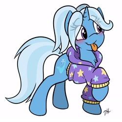 Size: 1600x1600 | Tagged: safe, alternate version, artist:fakskis, gameloft, character:trixie, species:pony, species:unicorn, alternate hairstyle, babysitter trixie, blep, blushing, chest fluff, clothing, cute, cutie mark, diatrixes, eye clipping through hair, female, gameloft interpretation, hoodie, horn, mare, pigtails, simple background, solo, tongue out, twintails, white background